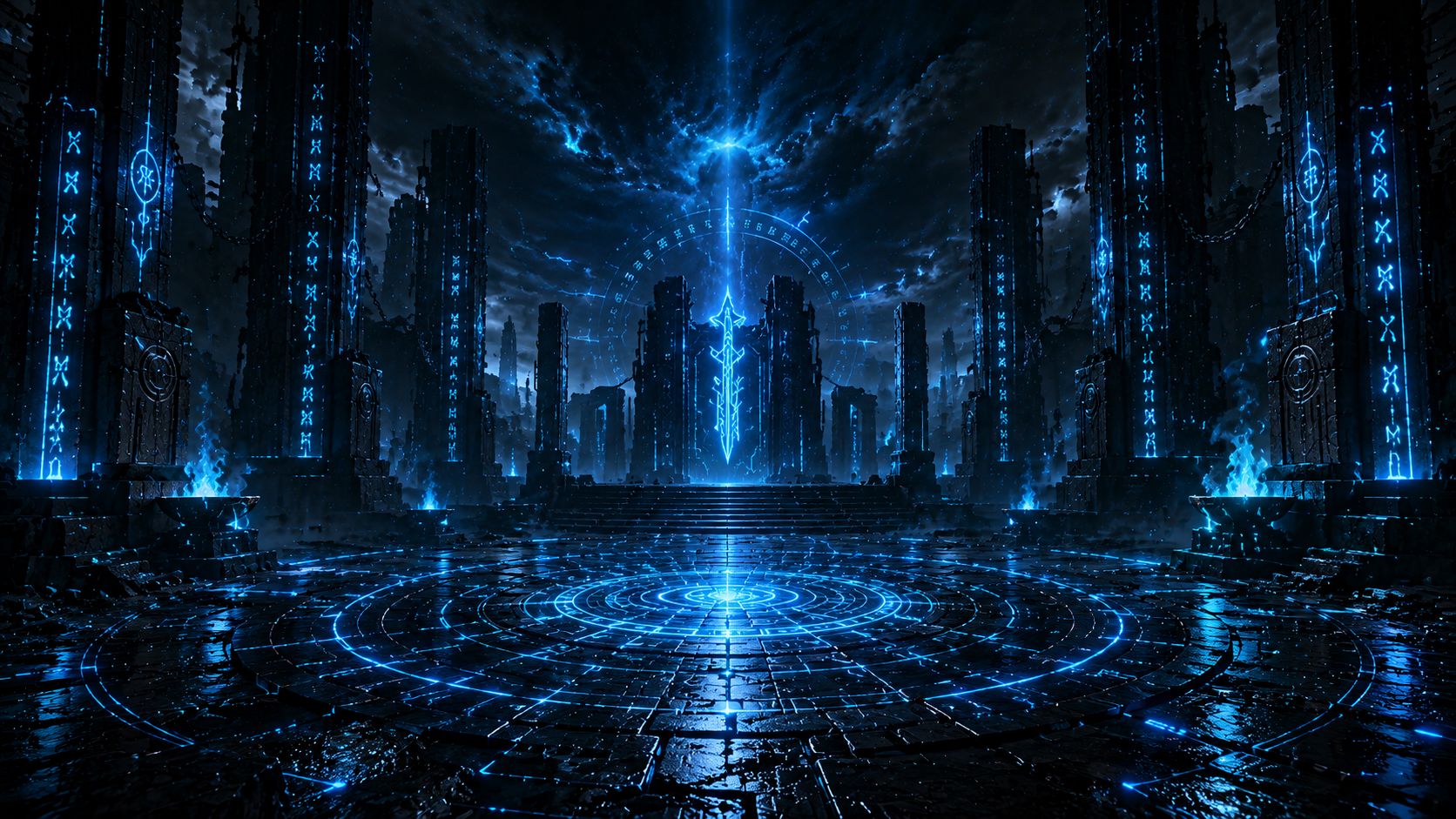 Cyan neon ritual temple with stone pillars
